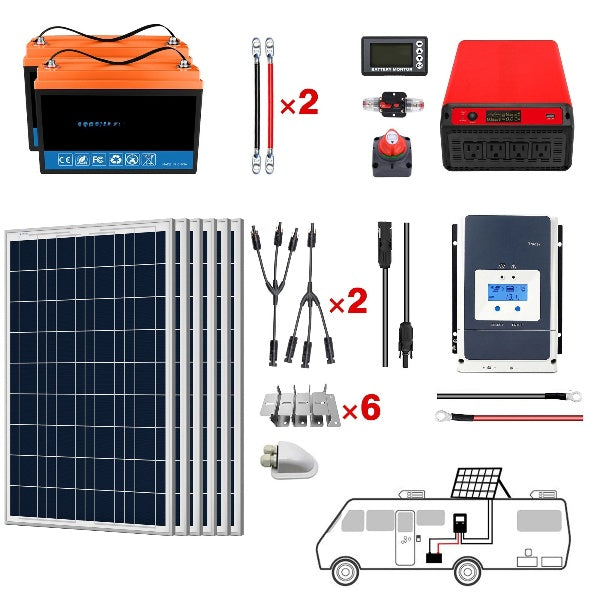 ACOPOWER Lithium Battery Poly Solar Power Complete System with Battery and Inverter for RV Boat 12V Off Grid Kit