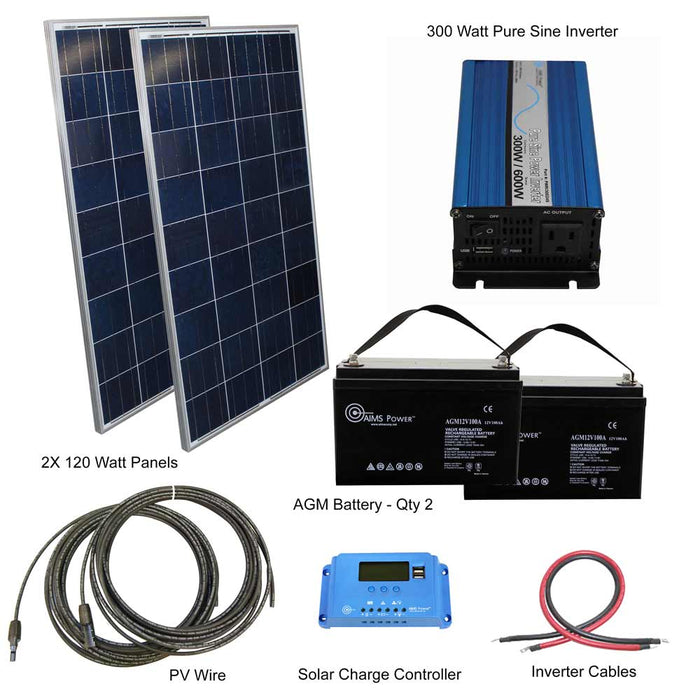 Solar Kit 240 W Solar | 300 W Pure Sine Inverter 24VDC | 200 A Batteries