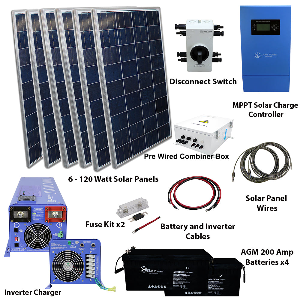 Solar Kit 720 W Solar | 4000 W Pure Sine Inverter Charger 120/240VAC 48VDC | 200 A Batteries