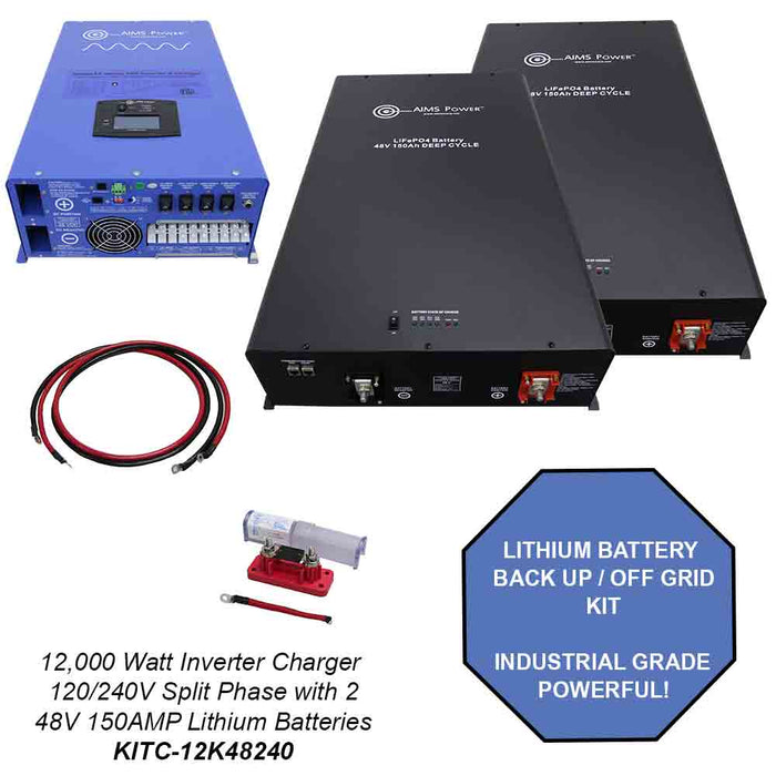 off Grid/ Back Up 12,000 Watt Pure Sine Inverter Charger 120V/240V & 48V Lithium Battery Kit