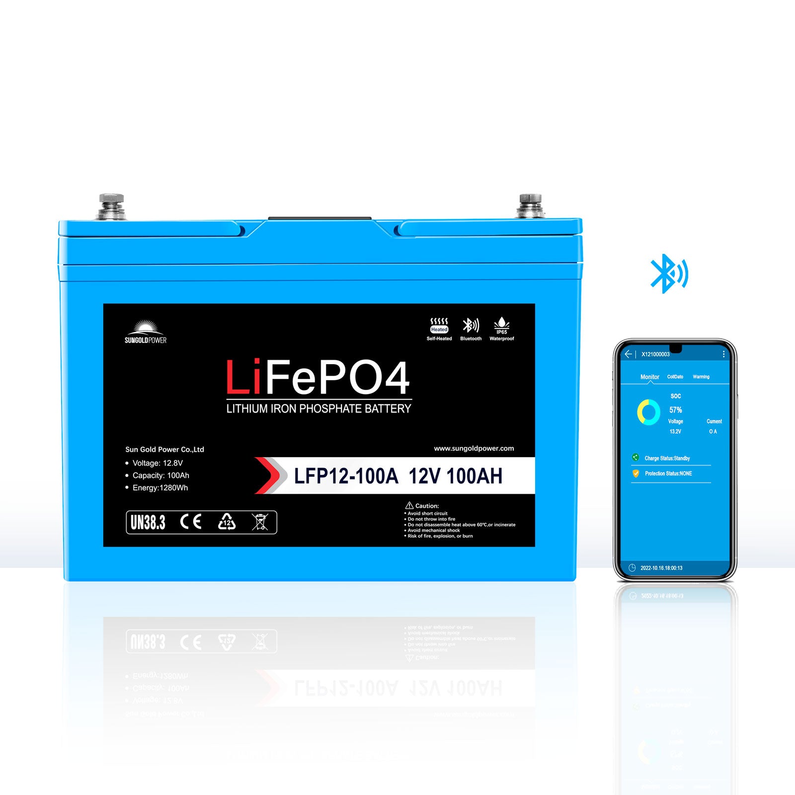 12V 100AH LiFePO4 Deep Cycle Lithium Battery / Bluetooth /Self-heating / IP65