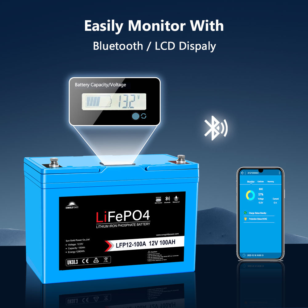 12V 100AH LiFePO4 Deep Cycle Lithium Battery / Bluetooth /Self-heating / IP65